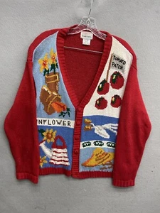 Vintage 90s Garden Sun Flower Tomato Patch Pattern Cardigan Sweater Size 1X - Picture 1 of 10