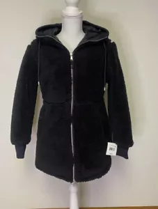 NWT NEW Black Sherpa Winter Coat Jacket Hooded Full Zip Up Womens Size Small - Picture 1 of 7