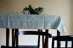 Indian table cover Cotton Tablecloth Table Top Natural color Hand Block Printed - Picture 1 of 7
