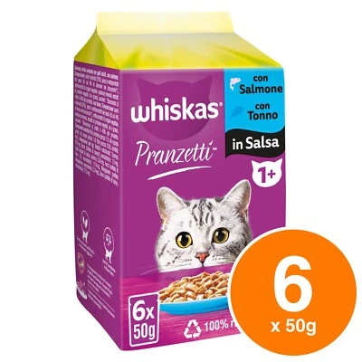 Whiskas Cibo per Gatti Pranzetti in Salsa al Pesce Salmone e Tonno 6 Bustine 50g - Immagine 1 di 4