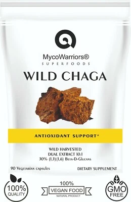 MYCOWARRIORS Wild Chaga Mushroom Dual Extract 10:1 | 90 VegCaps | 30% Beta-D-Glucans RUSSIAN!