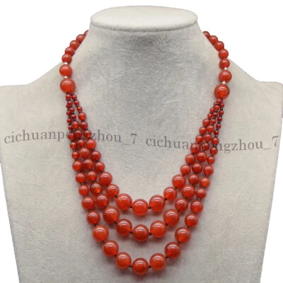 3 Rows Natural Red Agate 4-12mm Round Gemstone Beads Layered Necklace 17-19 inch - Image 1 of 4