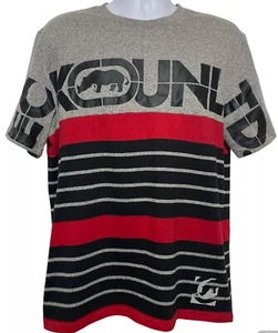 Ecko Unltd Shirt Men Size Large Spellout Short Sleeve Gray Black Red Stripes - Picture 1 of 7