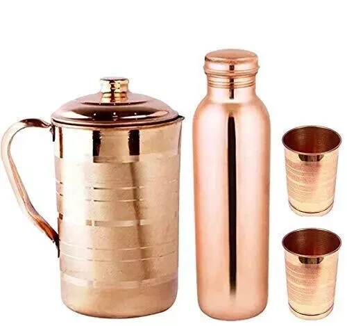 Pure Copper Water Pitcher Jug 1.5 Ltr Water Storage Bottle Tumber Glass Set Of 4 - Image 1 of 4