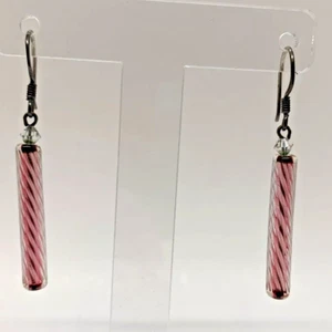 VTG Hand Blown Pink Cane Twisted Glass Earrings Silver Hooks Crystal Beads 3.3g - Picture 1 of 6