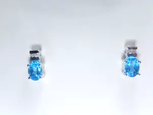 14K White Gold 1.50 CT Natural London Blue Topaz and Diamond Stud Earrings - Picture 1 of 6
