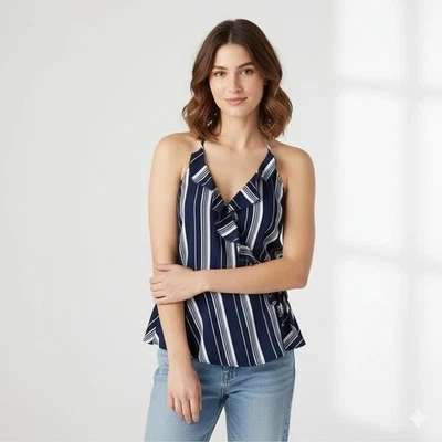 Camiseta sin mangas para mujer Y2k 2000s Urban Heritage a rayas con volantes cortos correa en T trasera azul Foto 1 de 4