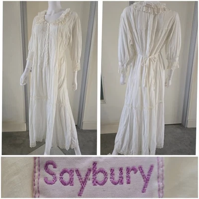 Vestido Vintage Años 70 80 Saybury Caftán Casa Algodón Muumuu Pintucks Encaje Gasa M L Foto 1 de 4