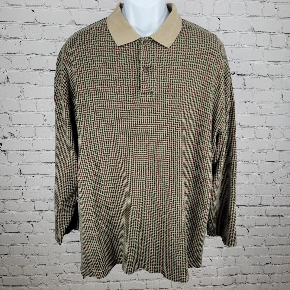 Sun River Green & Tan Houndstooth Cotton Long Sleeve Polo Shirt Size Large L - Image 1 of 4