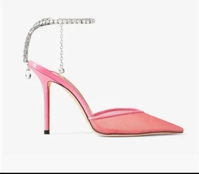 Jimmy Choo Saeda 100 malla rosa caramelo en caja sin usar con bolsa antipolvo envío gratuito Foto 1 de 4