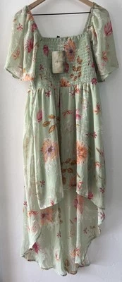 Lily Rose 女式花卉荷叶边 coquette 高低仙女连衣裙 绿色 尺寸 1X 全新带标签 — 第 1/4 张图片