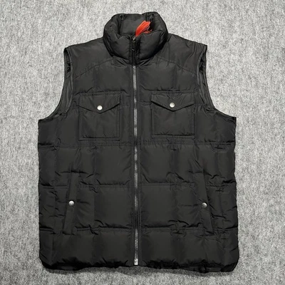 J. CREW Hombres Chaleco Puffer Grande Negro Plumón de Ganso Utilitario Retráctil Capucha Chaqueta Foto 1 de 4