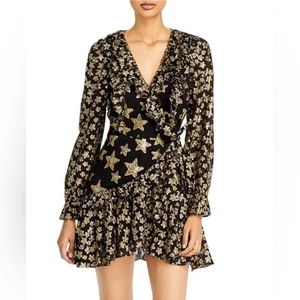 NWT LoveShackFancy Findlay Wrap Dress Size 8 Stars Black/Gold - Picture 1 of 13