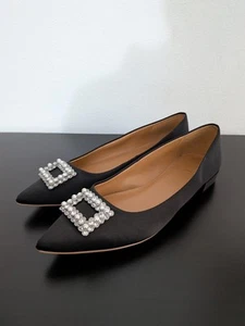 J Crew Crystal Buckle Marina Pointy-Toe Flats Shoes In Black Satin Size 9 - Picture 1 of 11