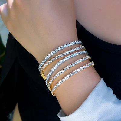 Shiny 3mm Round Cubic Zirconia Wedding Tennis Bracelet Women Gold Plated Jewelry Foto 1 de 4