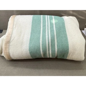 Vintage Green Cream Wool Camp Blanket 144x64 Striped Extra Long Cabin Throw - Picture 1 of 9