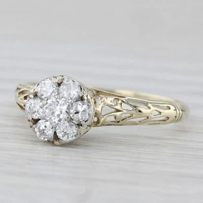 Antiguo anillo de compromiso con racimo de flores de diamantes de 0,26 quilates de oro amarillo de 14 k talla 7,25 Foto 1 de 4