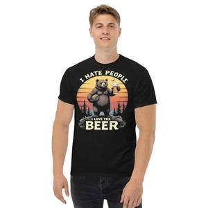 I Hate People I Love Beer Funny Bear Drinking T-Shirt Retro Tee - Picture 1 of 9