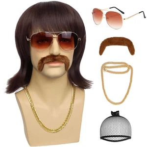Juego de 5 piezas de peluca discoteca 70S 80S con gafas bigote cadena dorada peluca gorra corta para hombre - Imagen 1 de 12