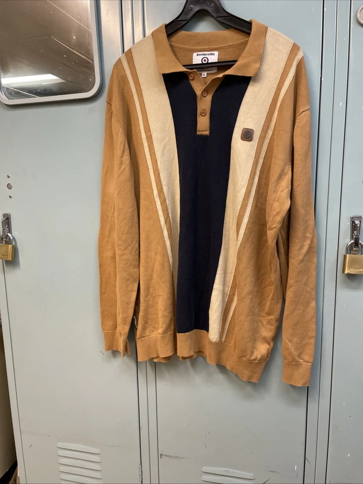 Lambretta Mens Tobacco Brown /Black Striped Knitted Polo Shirt - Image 1 of 4