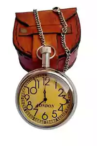 Nautical Vintage American Elgin Look Antique 2" Brass Pocket Watch Leather Box - Picture 1 of 4