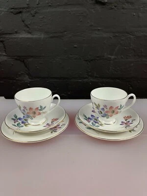 2 x Queen Anne Campanual Pattern Tea Trios Cups Saucers & Side Plate Set - image 1 of 4