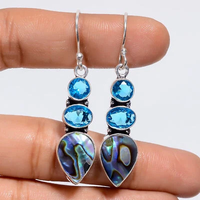 Модные ювелирные изделия из серебра 925 пробы с голубым топазом и раковиной из абалона 2 дюйма ARE5674 - Изображение 1 из 3