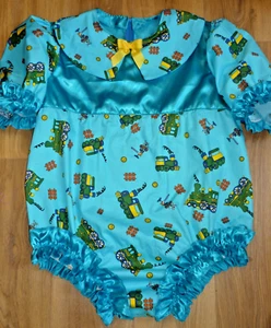 ADULT BABY FRILLY ALL IN ONE ROMPER SISSY SILKY BLUE SATIN TRAIN PRINT COTTON - Picture 1 of 10