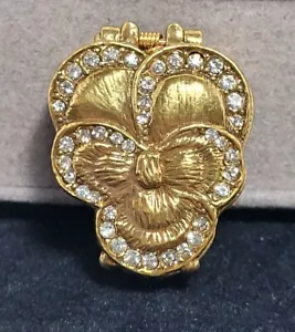 Scatola portapillole vintage Judy Lee tono oro fiore Pansy strass - Foto 1 di 8