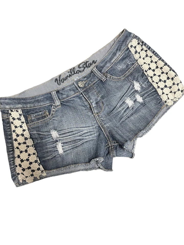 Vanilla Star Cutoff Bootie Shorts Floral Lace Boho Detail Distressed Jean Sz 13 - Image 1 of 4
