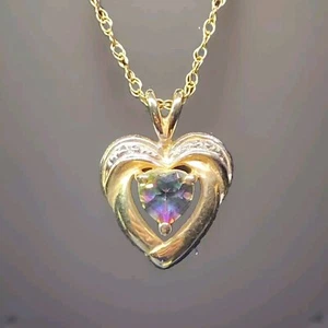 10k Avon Mystic Fire Topaz Pendant Necklace Heart Shape Diamond Chips Accent 18” - Picture 1 of 7