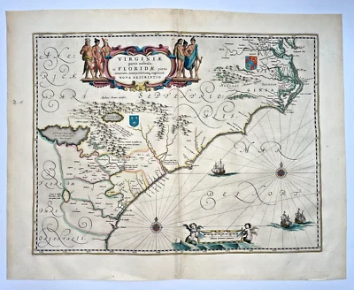VIRGINIA FLORIDA 1642 WILLEM BLAEU LARGE ANTIQUE ENGRAVED MAP 17TH CENTURY - Image 1 of 4