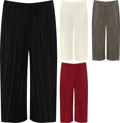 New Women Pleated Wide Leg Stretchy Culotte Elasticated Cropped Trouser UK 12-30 - Image 1 of 4