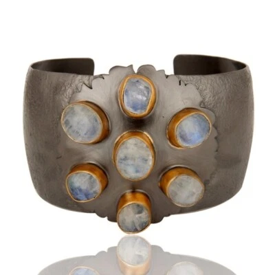 Brazalete de boda negro oxidado piedra lunar texturizado puño ancho joyería de moda Foto 1 de 4