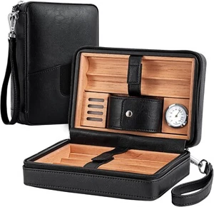 Cigar Humidor Cedar Wood Lined Leather Cigar Case Capacity 6 pcs Built in Hygrom - Picture 1 of 7