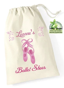 Ballet Dance Shoes Bag Cotton Draw String Personalised Pink Eco Print Girl  - Picture 1 of 3