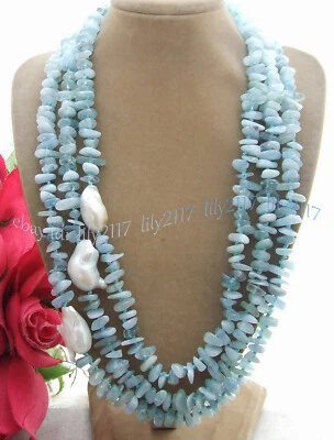 3 Strands Natural Blue Aquamarine Gravel Gems White Keshi Baroque Pearl Necklace - Image 1 of 3