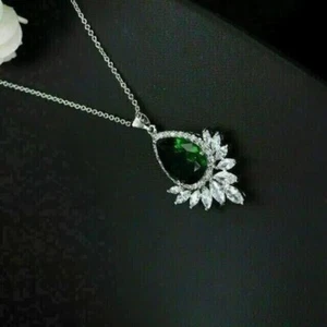 2.80CT Simulated Pear Cut Halo Emerald Teardrop Pendant 14K White Gold Plated - Picture 1 of 3
