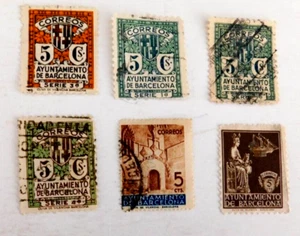 Spain 6 Diff Used/Fine Stamps Barcelona, Possible tax stmps, Control # on back, - Picture 1 of 4