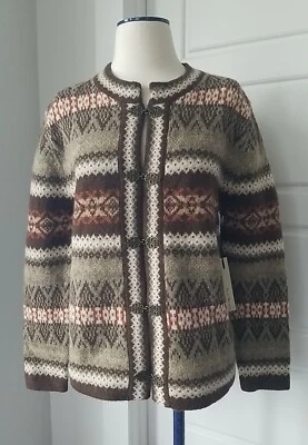Susan Bristol Nordic Fair Isle Sweater Cardigan 100% Wool Medium M Browns NWT - Image 1 of 4