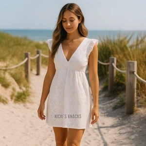 Crystal Doll White Eyelet Flutter Sleeve Shift Mini Dress Pleated Crochet Size M - Picture 1 of 14