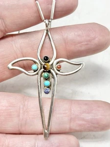 Navajo Sterlingsilber Multi Stein Kreuz an interessanter Sterling Kette ~20" - Bild 1 von 10