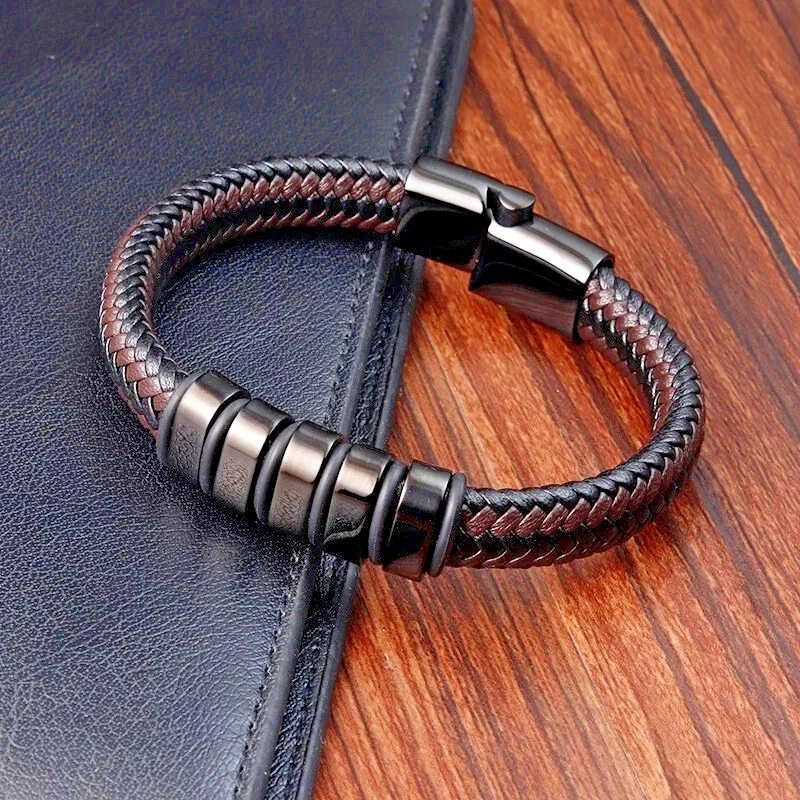 Pulsera Oficial Athletic Club - Cuero Trenzado Negro Y Rojo Con Cierre Acero Inoxidable