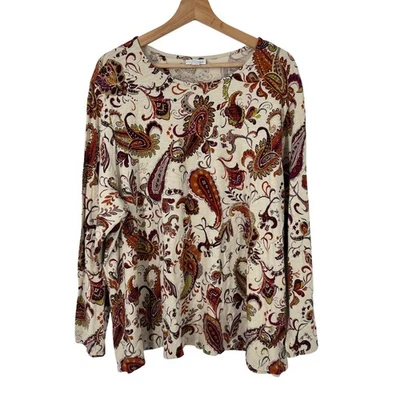 J.Jill Women's 3X Paisley Print Long Sleeve Tunic Top Cream Multi Split Bck - Image 1 of 4