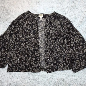 Camicia vintage Chico's donna 3 nera paisley blusa leggera aperta davanti trasparente - Foto 1 di 8