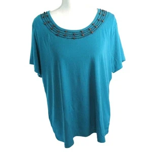 Evan Picone Women's Plus Short Sleeve Aqua Beaded Neck Stretch Shirt NWT Size 2X - Picture 1 of 11
