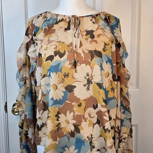 $ 145 Neu mit Etikett Lauren Ralph Lauren Bluse Damen gefüttert Rüschenärmel braun/blau MEDIUM - Bild 1 von 15