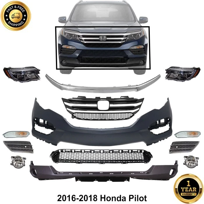 Front Bumper Cover Primed &Grille Assambly & Headlight For 2016-2018 Honda Pilot Foto 1 de 4