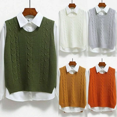 Student Casual Jumper Tops Knit Vest Women Sleeveless Sweater Knitwear Pullover - Image 1 of 4