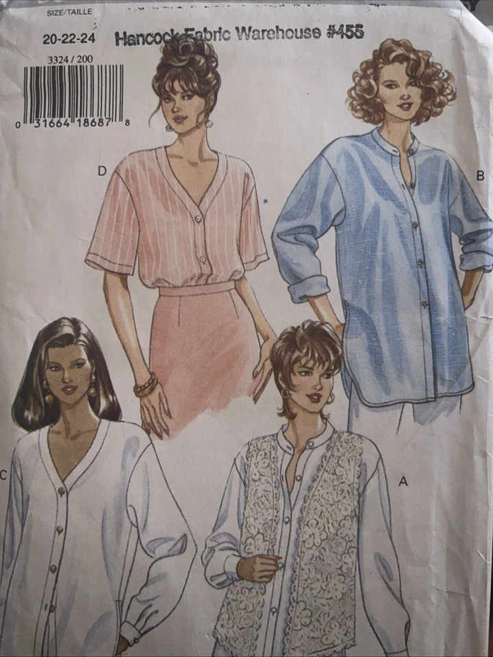Butterick 3324 Vintage Sewing Pattern Uncut 1994 Women's Vest & Shirt Size 20-24 - Image 1 of 1